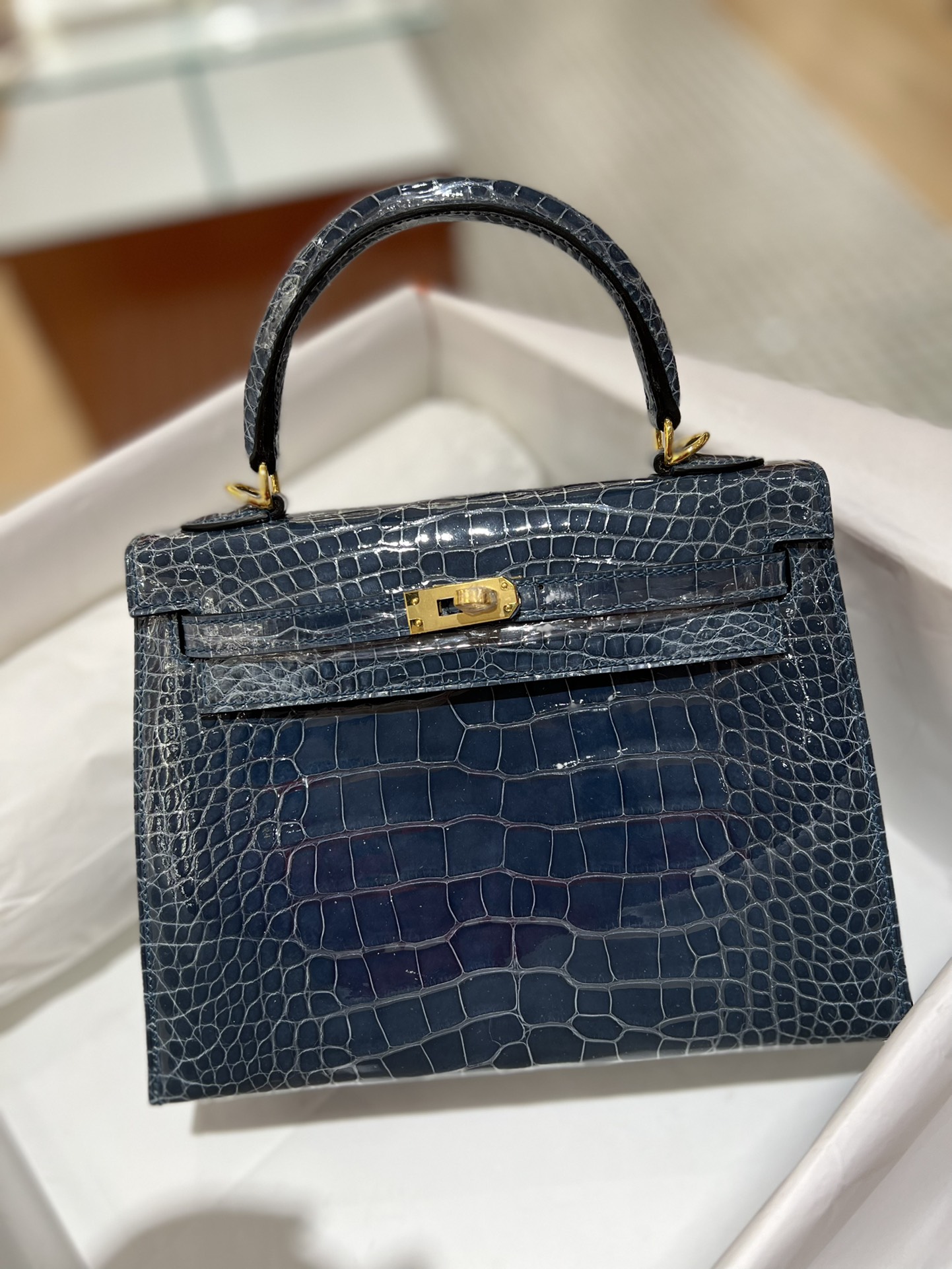 Hermes Kelly 25cm Handbag Shoulder Bag In Blue Nuit Shiny Crocodile Niloticus Leather